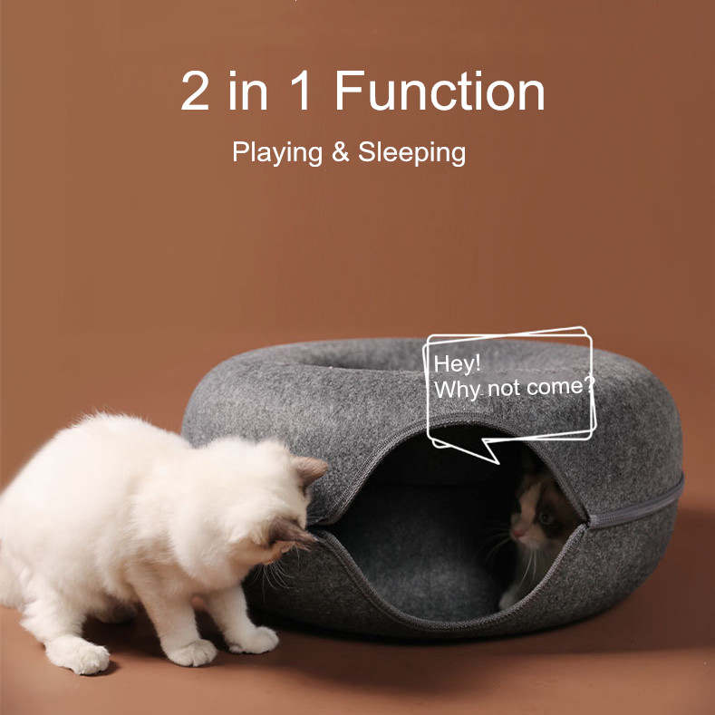 Indoor Cats Detachable Round Felt Cat Bed, Four Seasons Available Cat Nest 60 CM and 50 CM Washable Interior Cat Play Tunnel