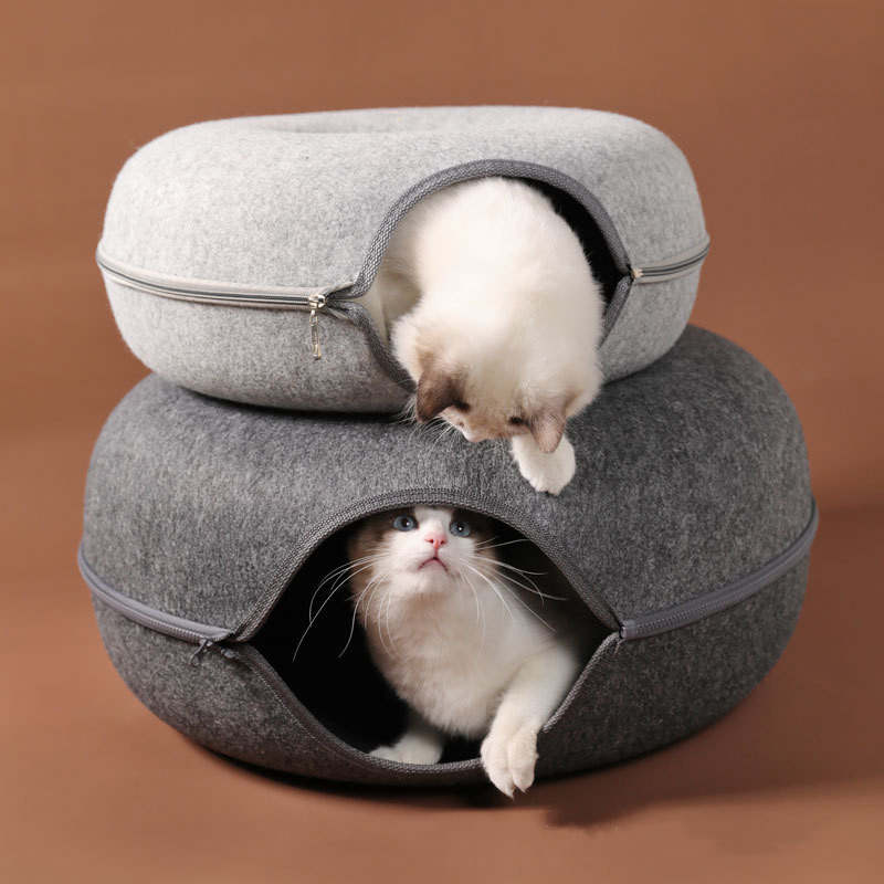 Indoor Cats Detachable Round Felt Cat Bed, Four Seasons Available Cat Nest 60 CM and 50 CM Washable Interior Cat Play Tunnel