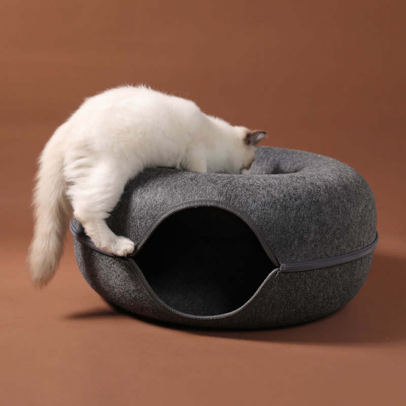 Indoor Cats Detachable Round Felt Cat Bed, Four Seasons Available Cat Nest 60 CM and 50 CM Washable Interior Cat Play Tunnel